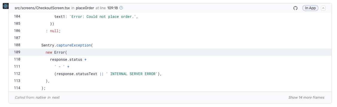 Screenshot of stack trace showing source context.